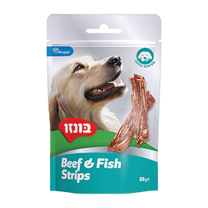 חטיף בונזו סטריפים בקר ודג 80 גרם בקופסה