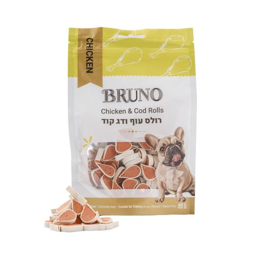 חטיף ברונו לכלב בטעם רולס עוף ודג קוד 80 גרם בשקית